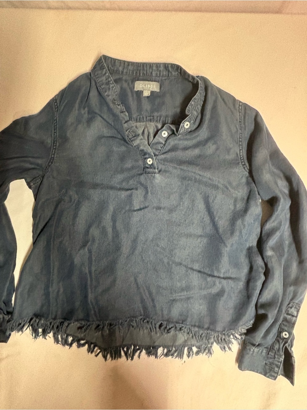 DL1961 Women’s L Runs Very Small Tencel Cropped Chambray Shirt Raw Fringe